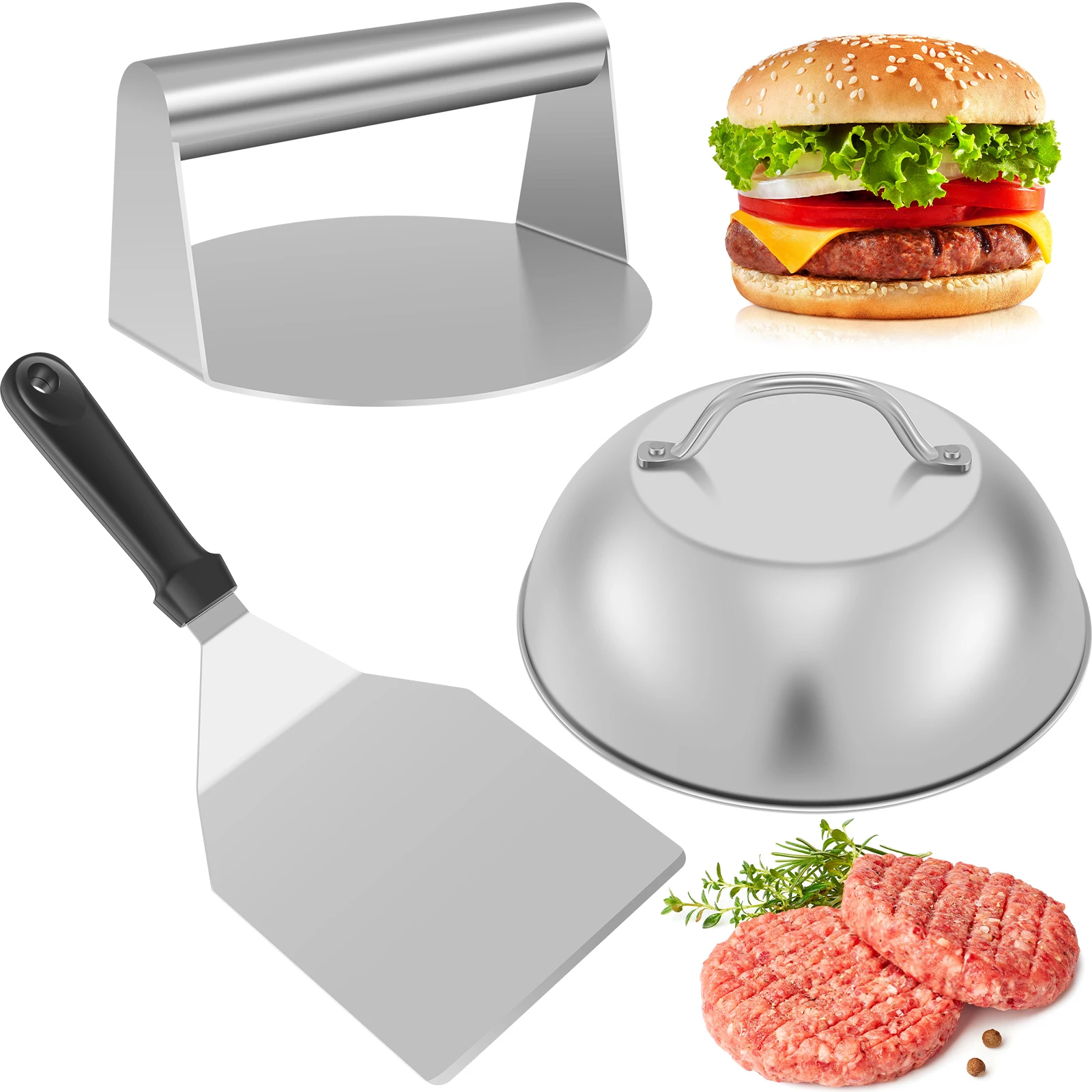 Hamburger Press Smash Burger Kit Griddle Spatula Stainless Steel Burger Press Basting Cover Hamburger Meat Maker Kitchen Tool