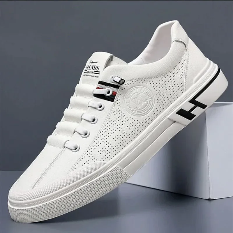 New Men Breathable White Shoes Athleisure Style Trend Versatile Comfortable Beige Sneakers Hollow Walking Running Footwear