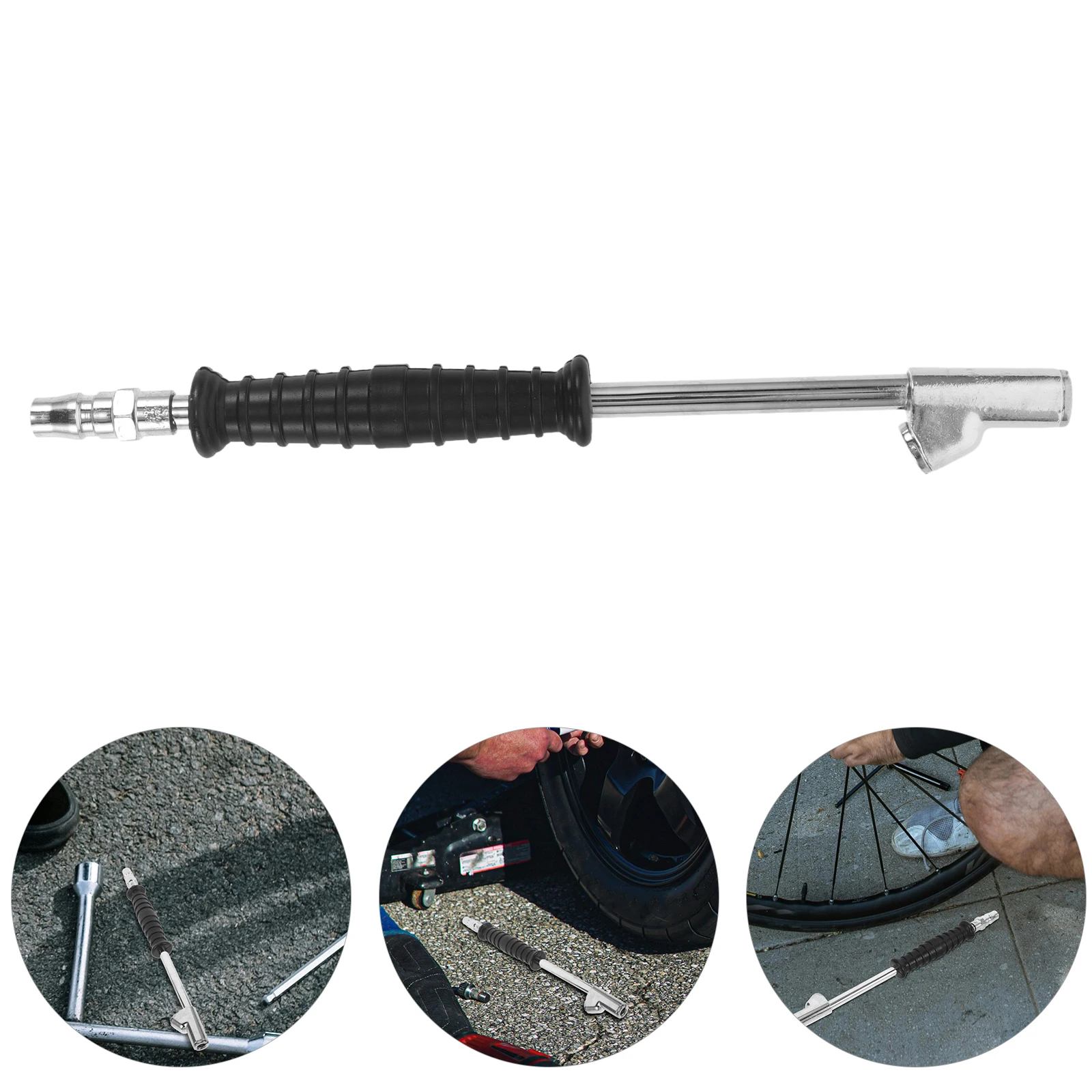 

Metal Air Chuck Dual Head Heavy Duty Long Reach Tire Inflator Ergonomic Rubber Grip For Car Motorcycle Bicycle Semi Truck
