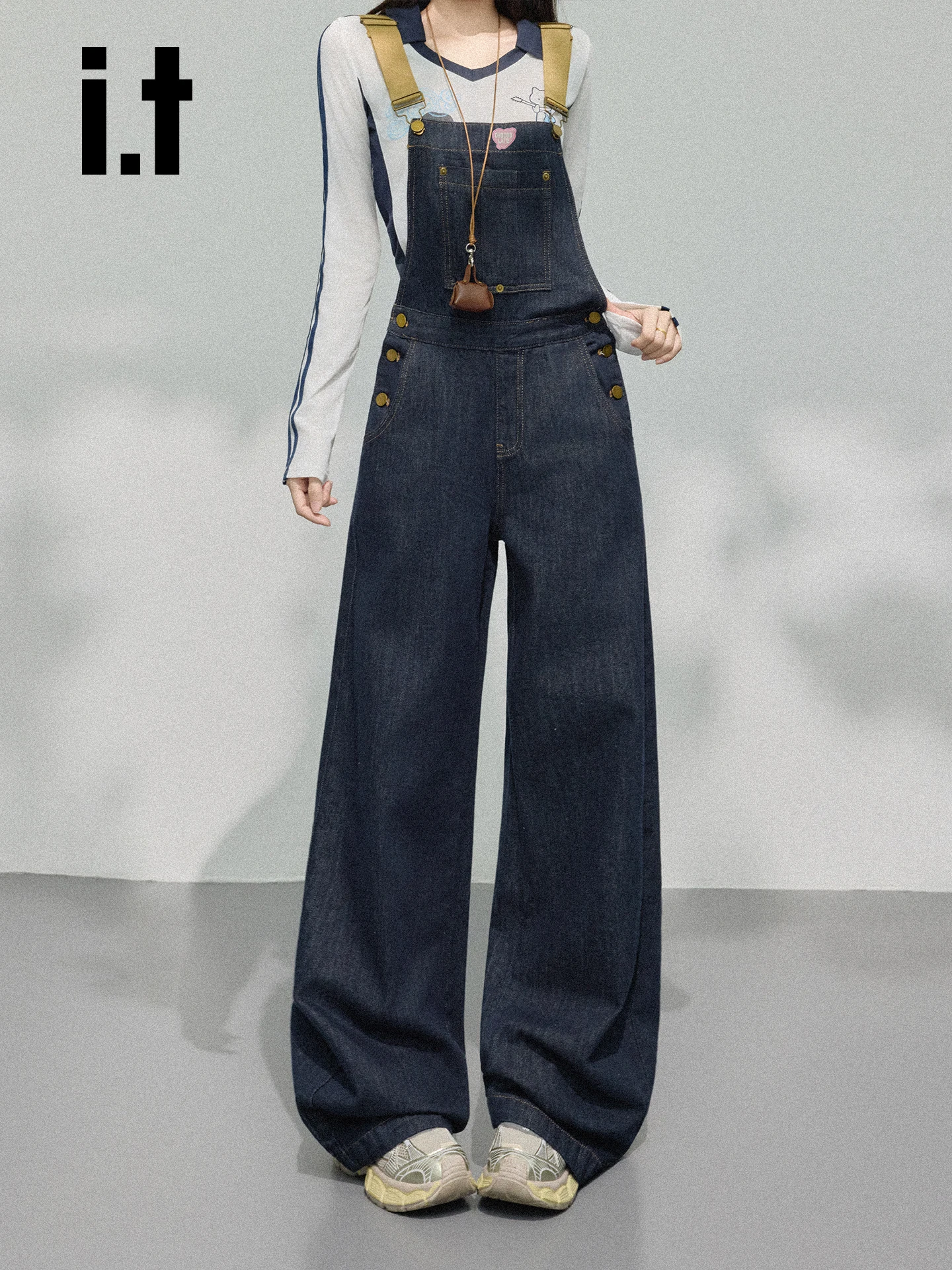

American Retro Deep Blue Denim Overalls Women's Loose Slim Wide Leg Jumpsuit Casual High Waist Jeans Pants for Spring