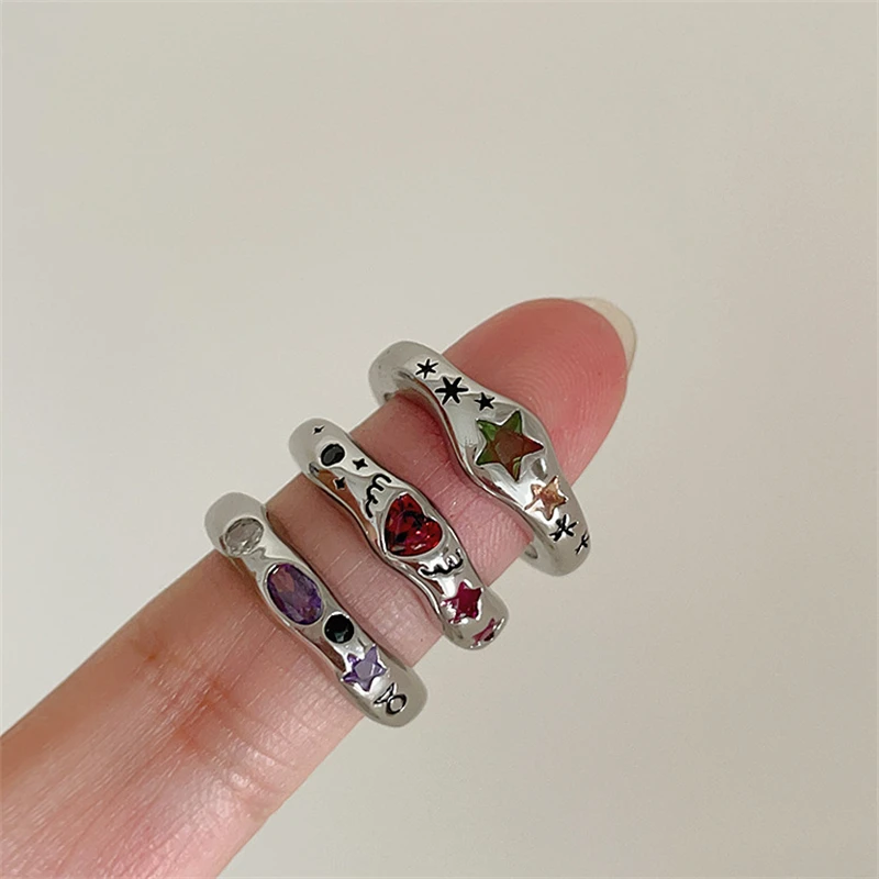 Kpop Colorful Zircon Star Rings for Women Irregular Metal Ring Retro Index Finger Aesthetic Jewelry Hip Hop Girls Accessories