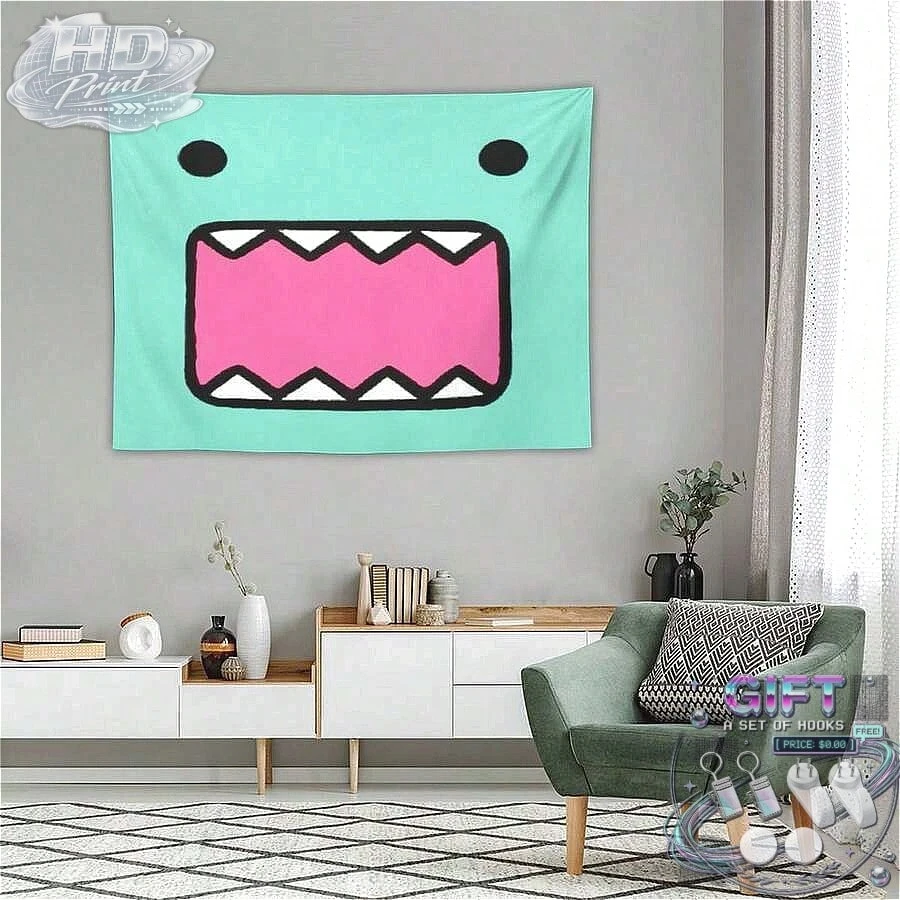 Cute Cartoon Monster Big Mouth Tapestry, Mint Green Pink Teeth Simple Line Drawing Wall Hanging, Funny Minimalist Anime Aestheti