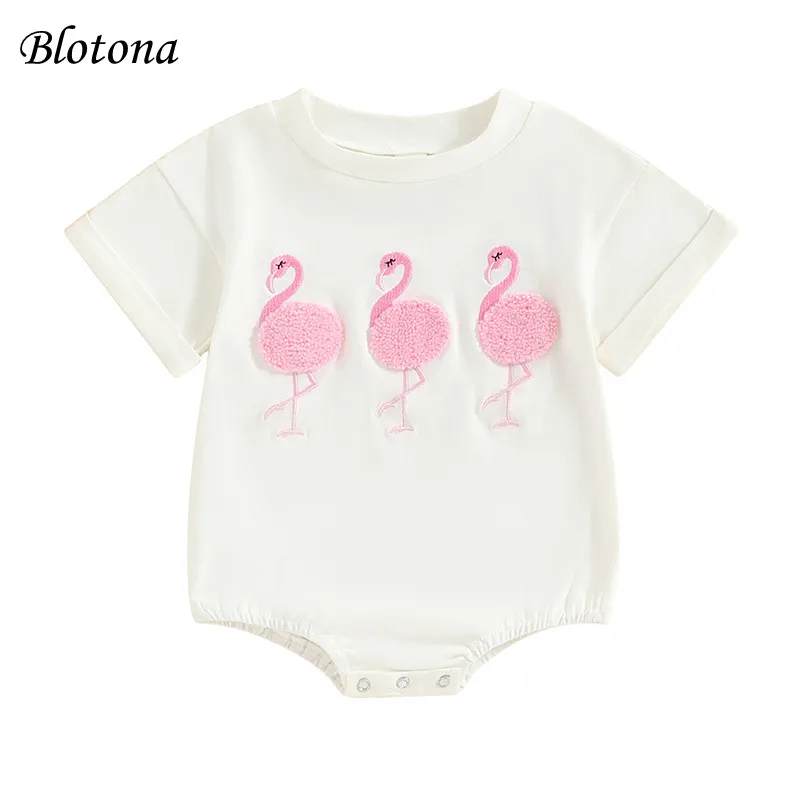 

Blotona Baby Girl Summer Romper Rolled Short Sleeve Round Neck Flamingo Embroidery Bodysuit Little Girl Playsuit 0-18Months