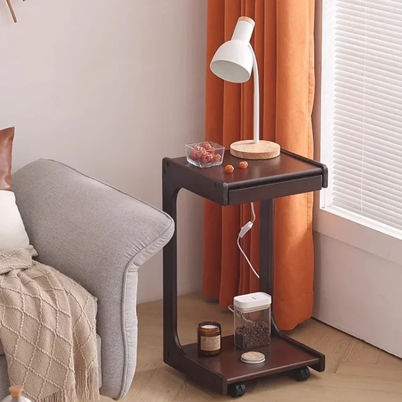 Solid Wood Movable Sofa Side Table Mini Coffee Table Snack Storage Rack Household C-shaped Computer Table Bedside Trolley