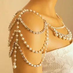 Bridal Shawl Fringed Shoulder Ornament Lace Crystal Rhinestone Shoulder Chain Jewelry With Multiple Layers Pearl Body Chain