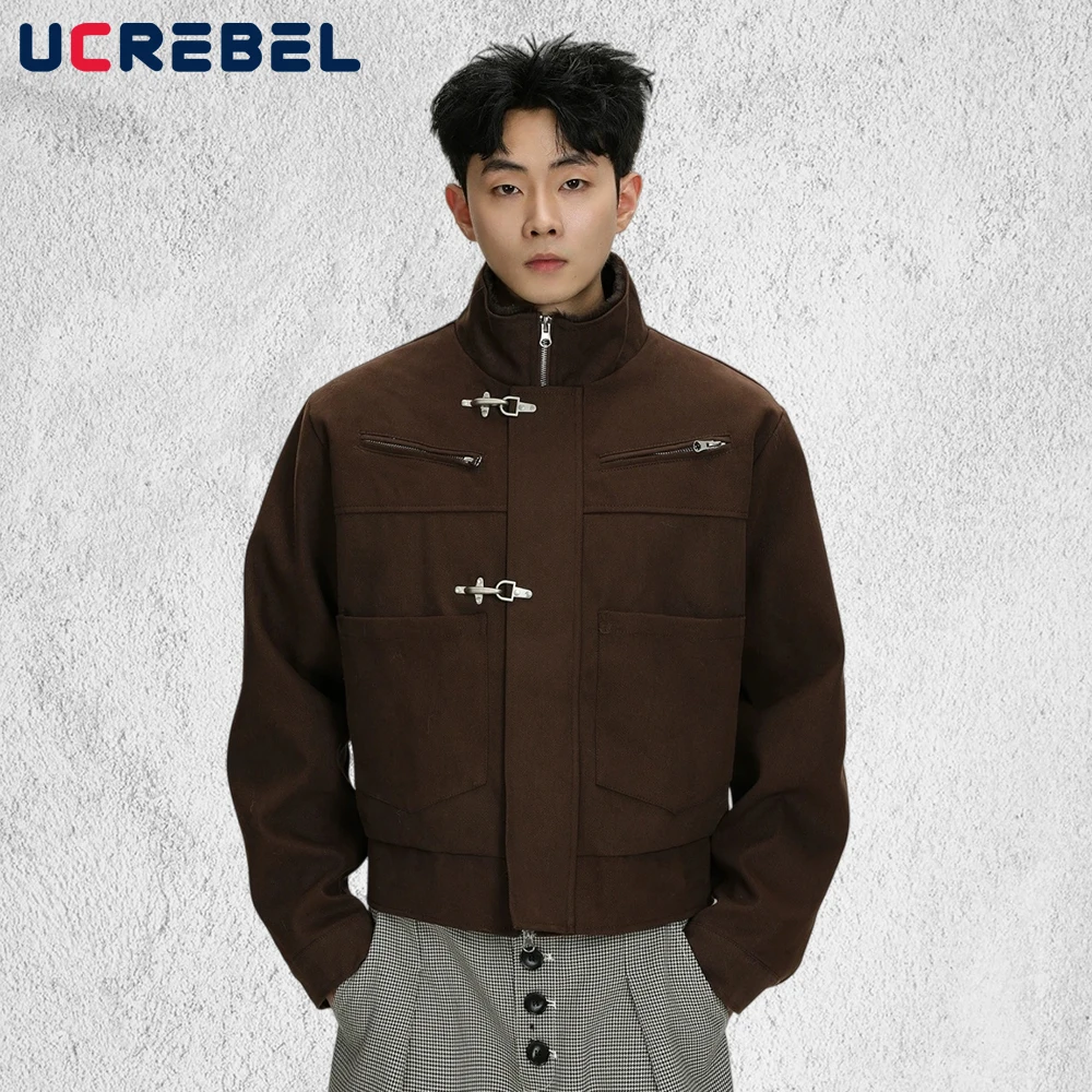 

Button Decoration Padded Jacket Mens Solid Color Pocket Winter Retro High Street Stand Collar Long Sleeve Loose Outerwear Man