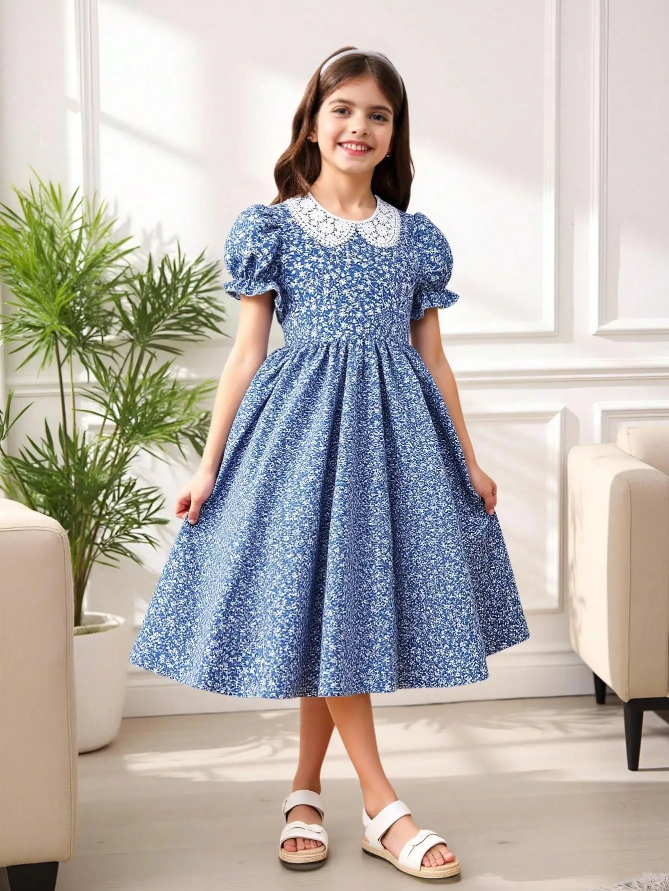 

Blue Floral Print Dress With Lace Peter Pan Collar Puff Sleeve A-Line Summer Dress