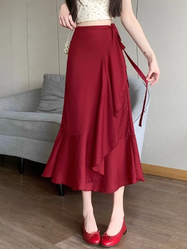 

Красная плиссированная юбка макси с завышенной талией, женская летняя новинка, из шифона, с эффектом многослойности