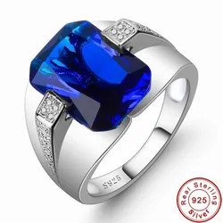Luxury 925 Sterling Silver Square Blue Sapphire Gemstone Rings Eternal Cocktail Wedding Rings for Men Jewelry Gift boys