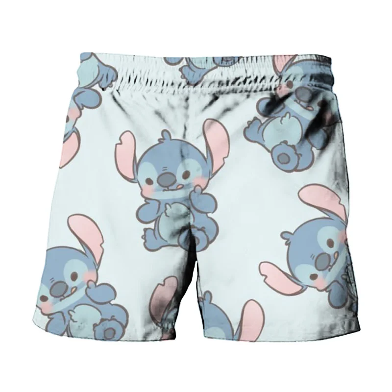 Miniso Summer Harajuku Disney Brands Cute Stitch Mickey Minnie Anime Print Men Swimwear Beach Shorts Fashion Casual Kids Shorts