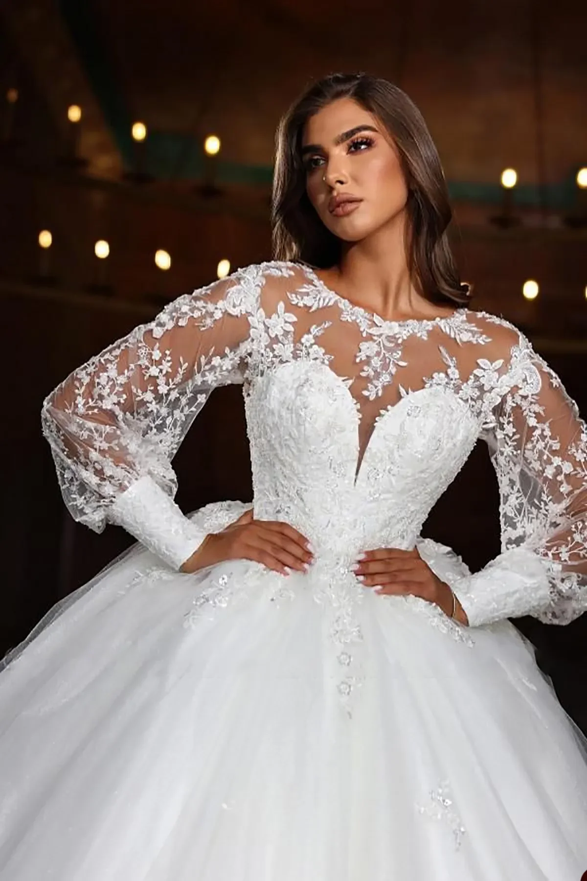 Classic Women Wedding Dress Jewel Neck Long Sleeves Bridal Gowns Lace Appliques Sweep Train Dress Custom Made vestidos de novia