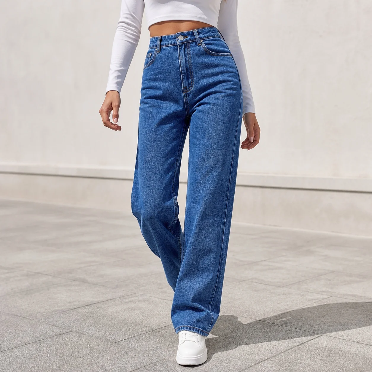 Women's Baggy High Waist Straight Leg Long Length Washed Distressed Cotton Casual Jeans for Women Everyday Wear with Five