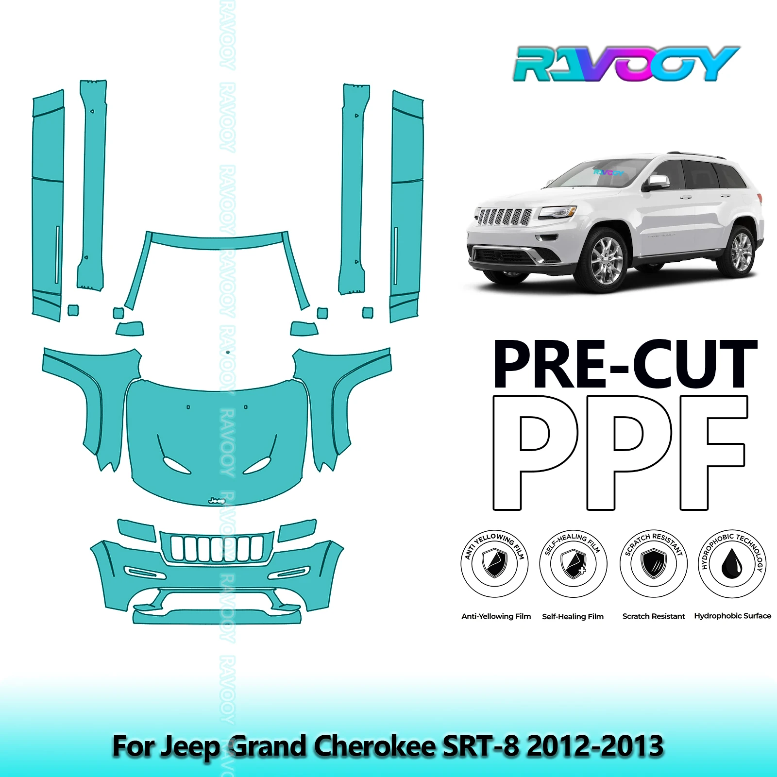 

8.5Mil Precut Paint Protection Film PPF Clear Bra Front Kit+Rockers For Jeep Grand Cherokee SRT-8 2012-2013