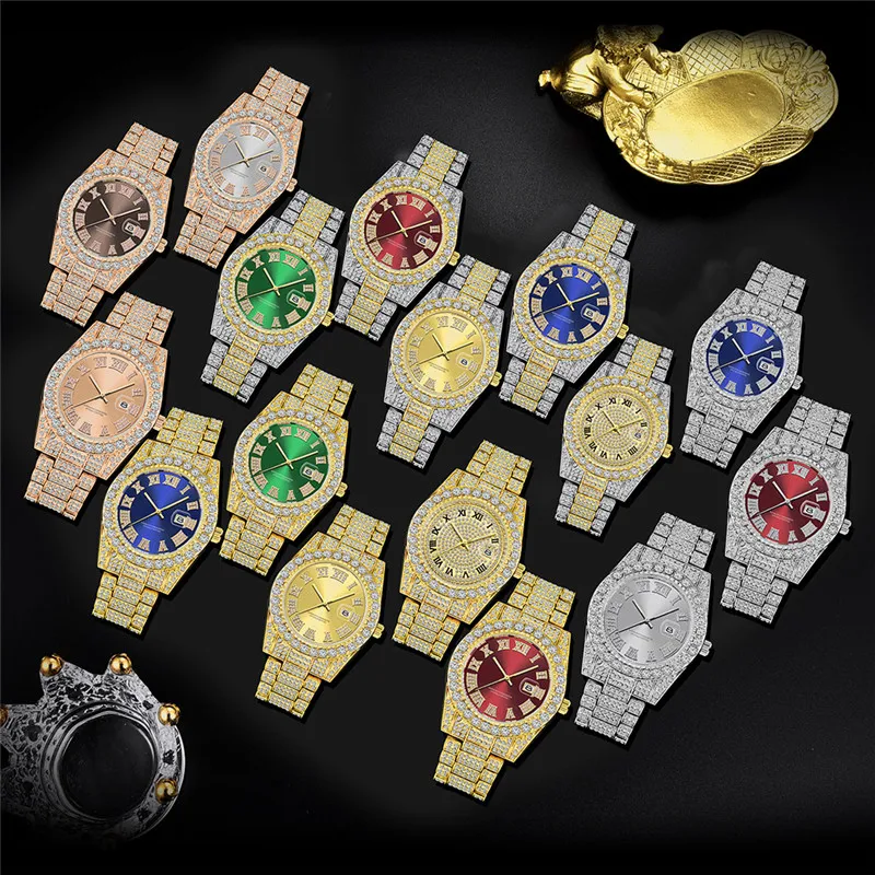 Original Men Brand 3582 Luxury Golden Watches Hip Hop Full Diamond Date Gifts Quartz Wristwatch Montres de Marque de Luxe 2024