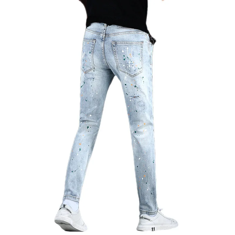 Trendy high-end jeans men's personalized paint printing slim fit skinny stretch casual street motorcycle trousers