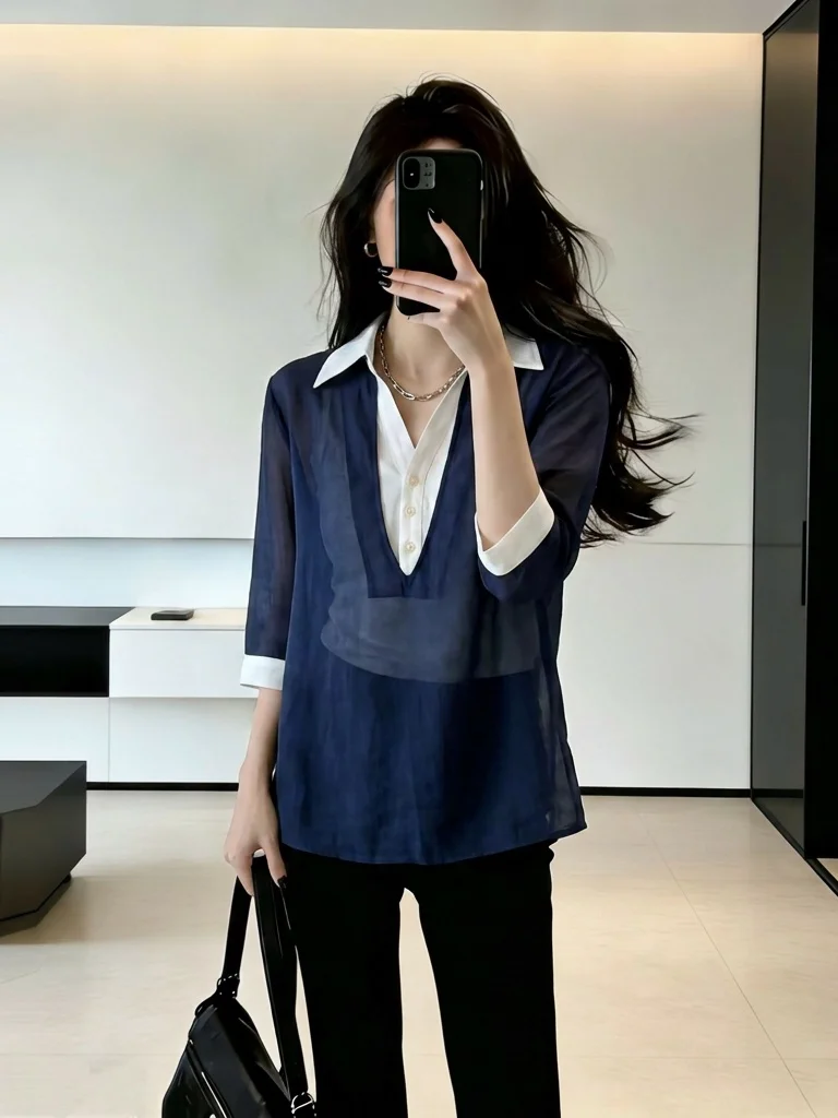 

Elegant Dark Blue V-Neck Short Sleeve Shirt Women's plus Size Summer New Style Korean Version Loose Fit Commute Wind Shirt