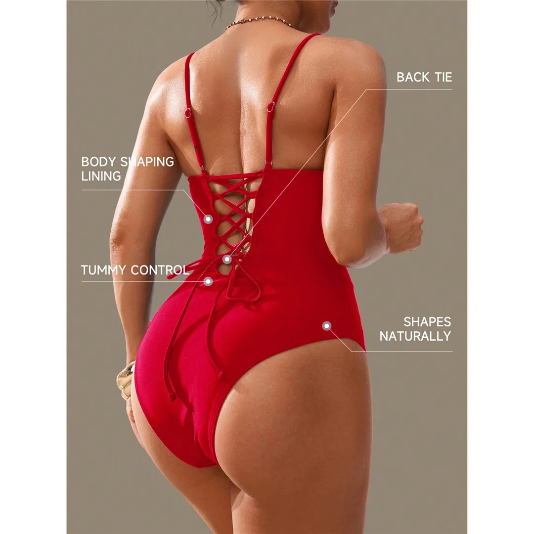 S - XL, V-Ausschnitt, Bauchformend, Damen-Badeanzug, einteiliger Badeanzug, Damen, mit Schnürung, hoher Beinausschnitt, gepolstert, Badebekleidung, Badeanzug, Modell V7547. – Detail 12