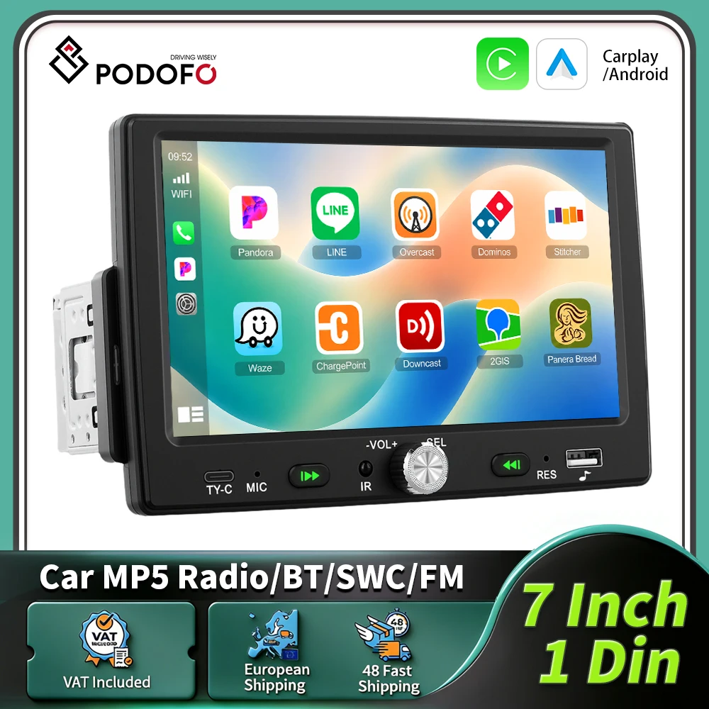 Podofo 7 Zoll 1Din Autoradio Carplay Android Auto Intelligentes Autosystem MirrorLink Universeller Auto-MP5-Player HD-Touchscreen Multimedia-Player Audio-Stereo-EQ BT-Unterstützung USB Rückfahrkamera