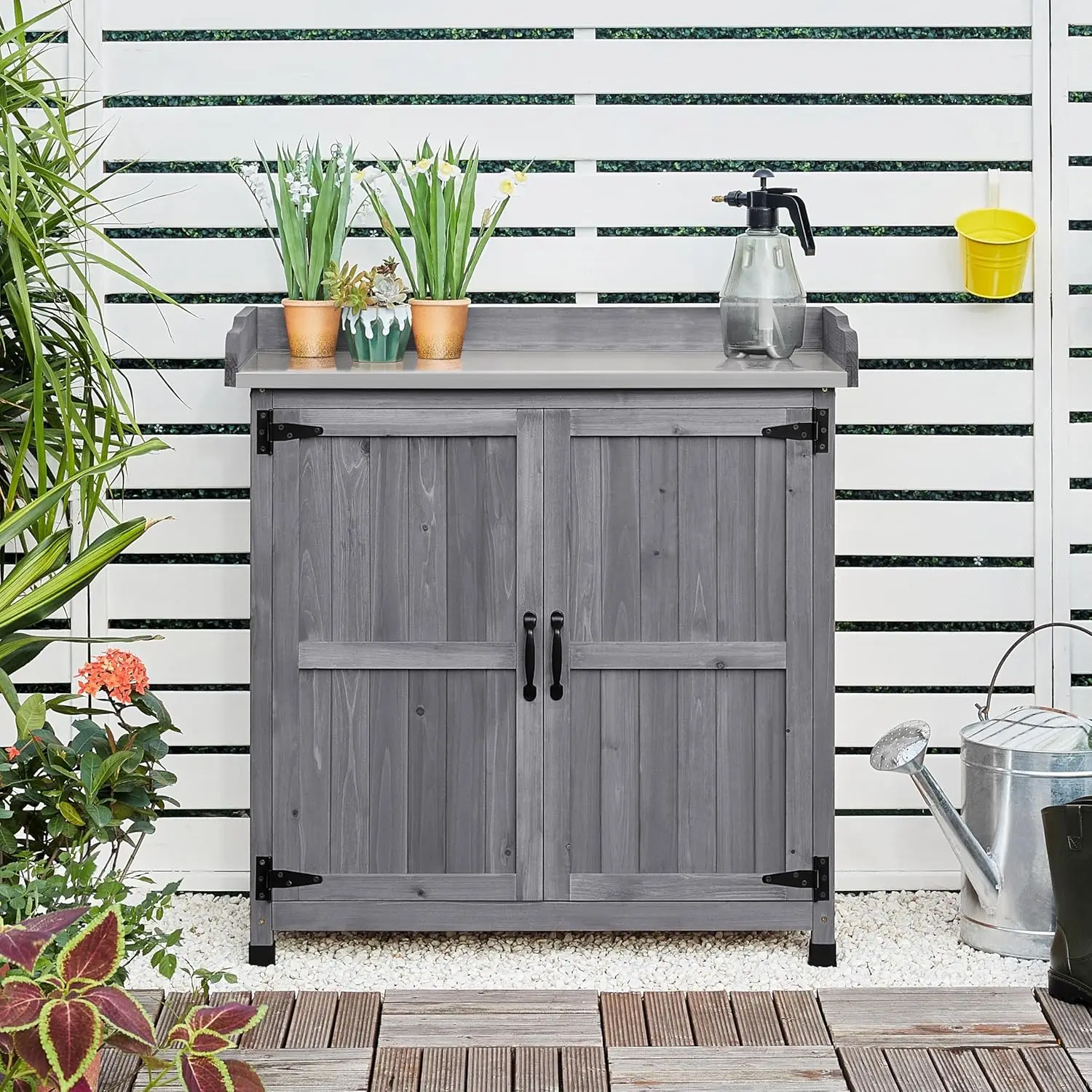 

Potting Bench Table - Wooden Storage Cabinet with Removable Shelf & Flexible Space & Metal-Plated Tabletop for Outdoo