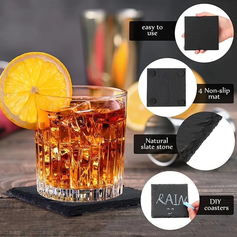 4/8 Pcs Slate Drink Coasters, Black Stone Coaster Set, Laser Engraving Blanks with Anti-Scratch Bottom for Home, Office