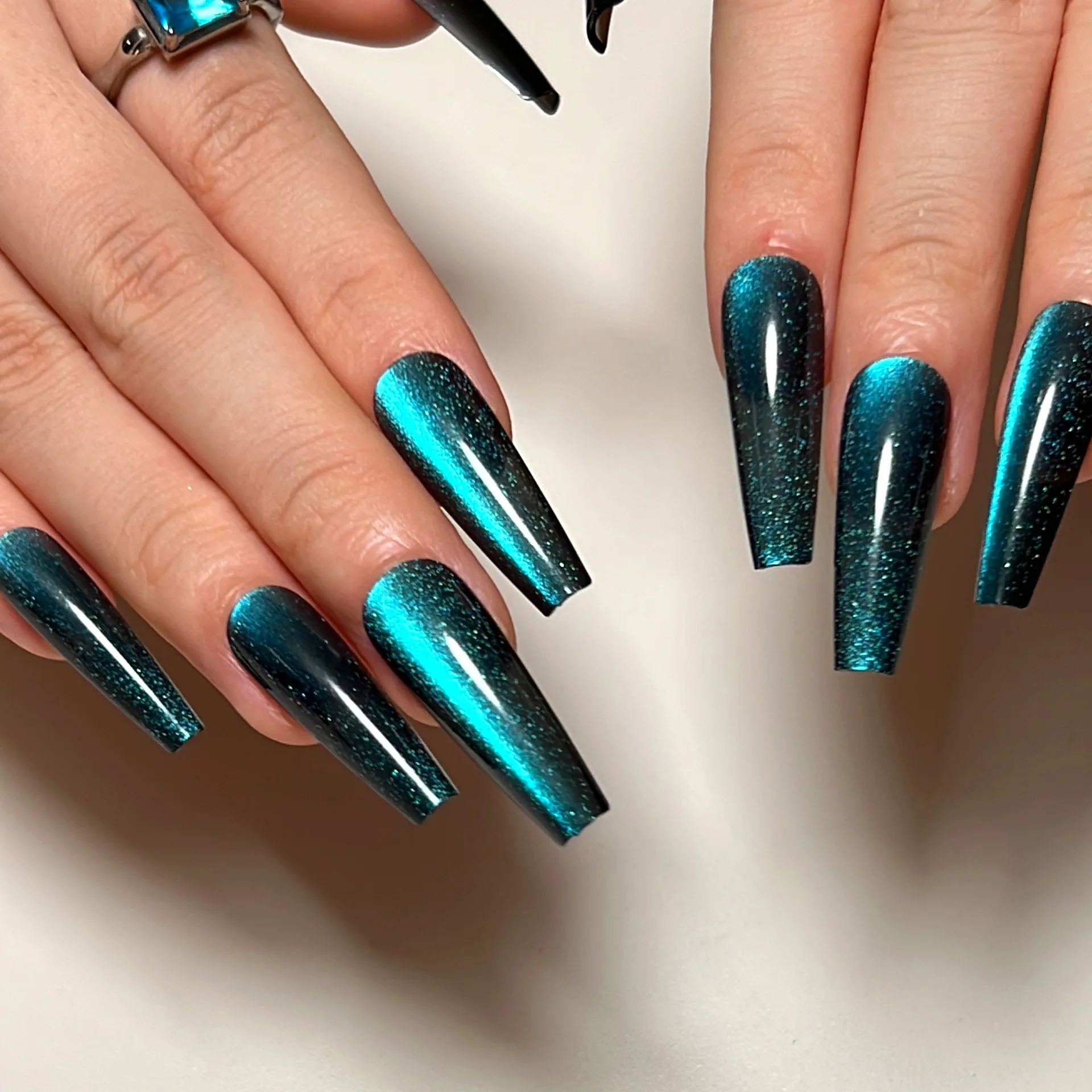 

24pcs Long Ballerina Fake Nails Press On Glitter Artificial Nail Tips Wearable Lake Blue Cat's Eye Aurora False Nails Decoration