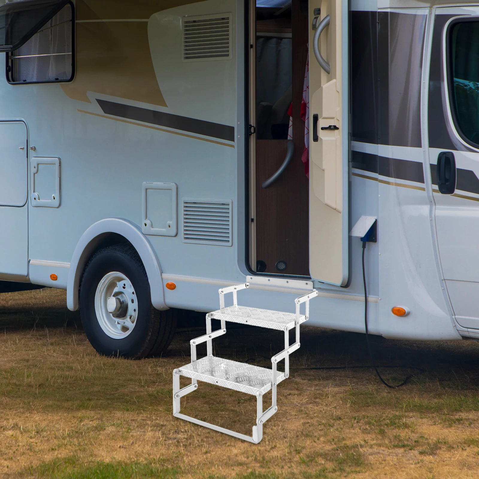 Multi-Scene Portable Step Ladder, Fits RVs/Travel Trailers/Attics/Warehouses, Pre-Drilled Holes(Quick Install)