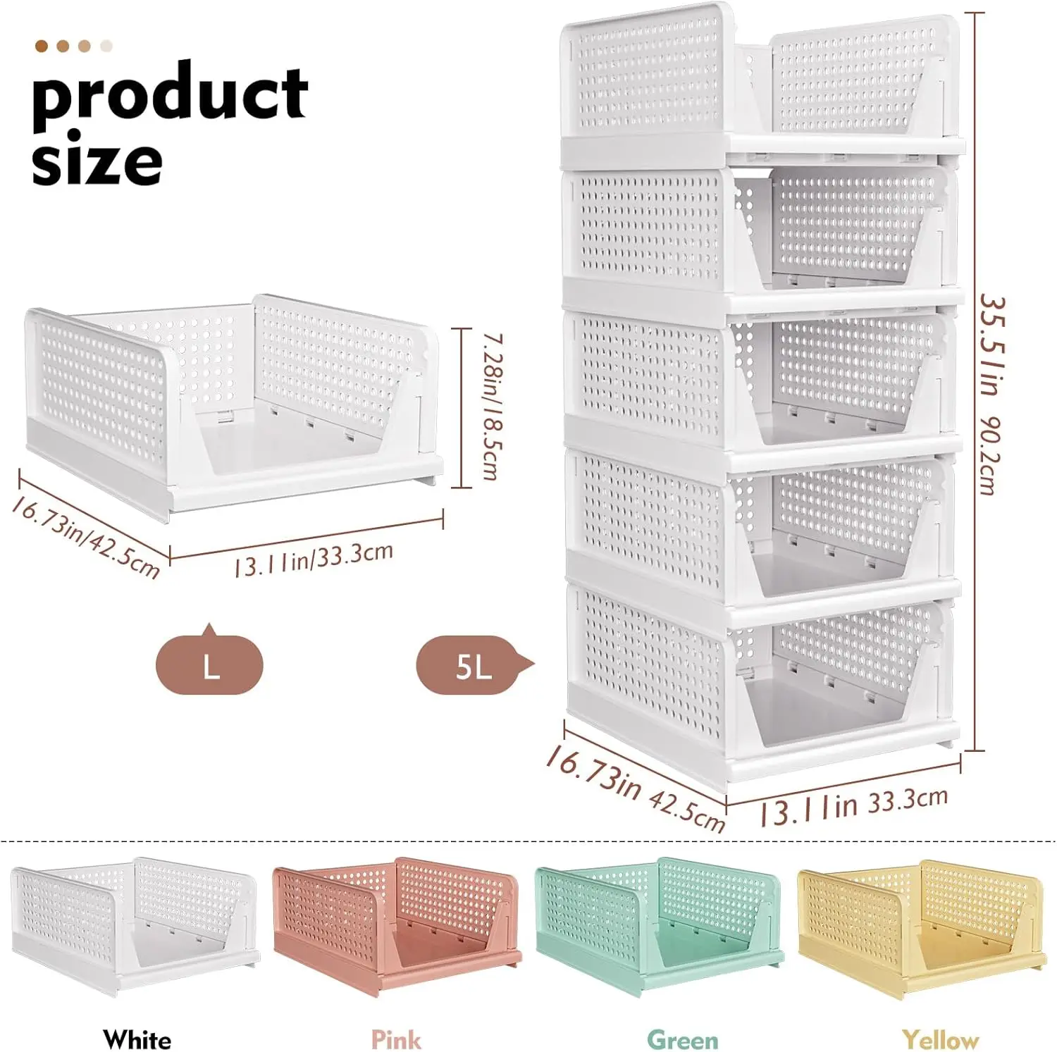 5 Pack Stackable Closet Storage Basket, Multifunctional & Foldable Closet Organizer