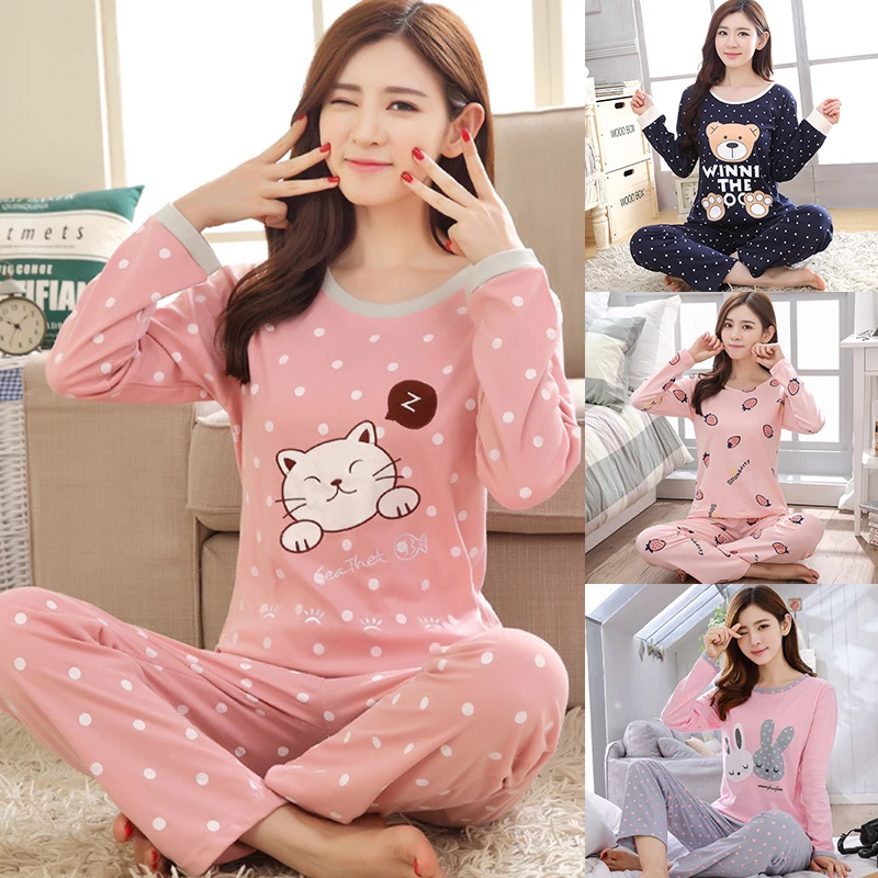 2 Pieces Women Pajamas Suit Cartoon Cat Print Girl Sleepwear Long-Sleeved Trousers Pyjamas Set Round Neck Home Clothes Nightwear