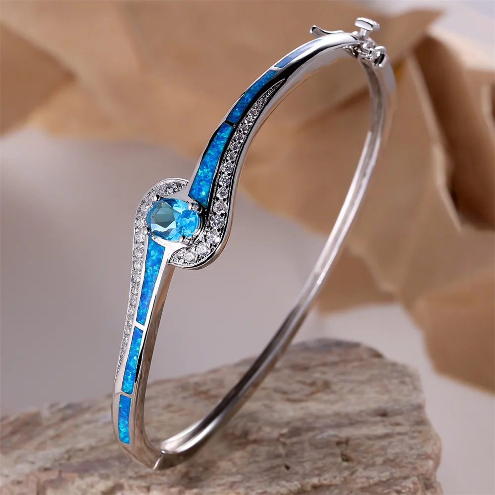 Aqua Blue Crystal Oval Stone Bangle Blue Fire Opal Bracelets For Women Classic Silver Color Wedding Engagement Jewelry Mom Gifts