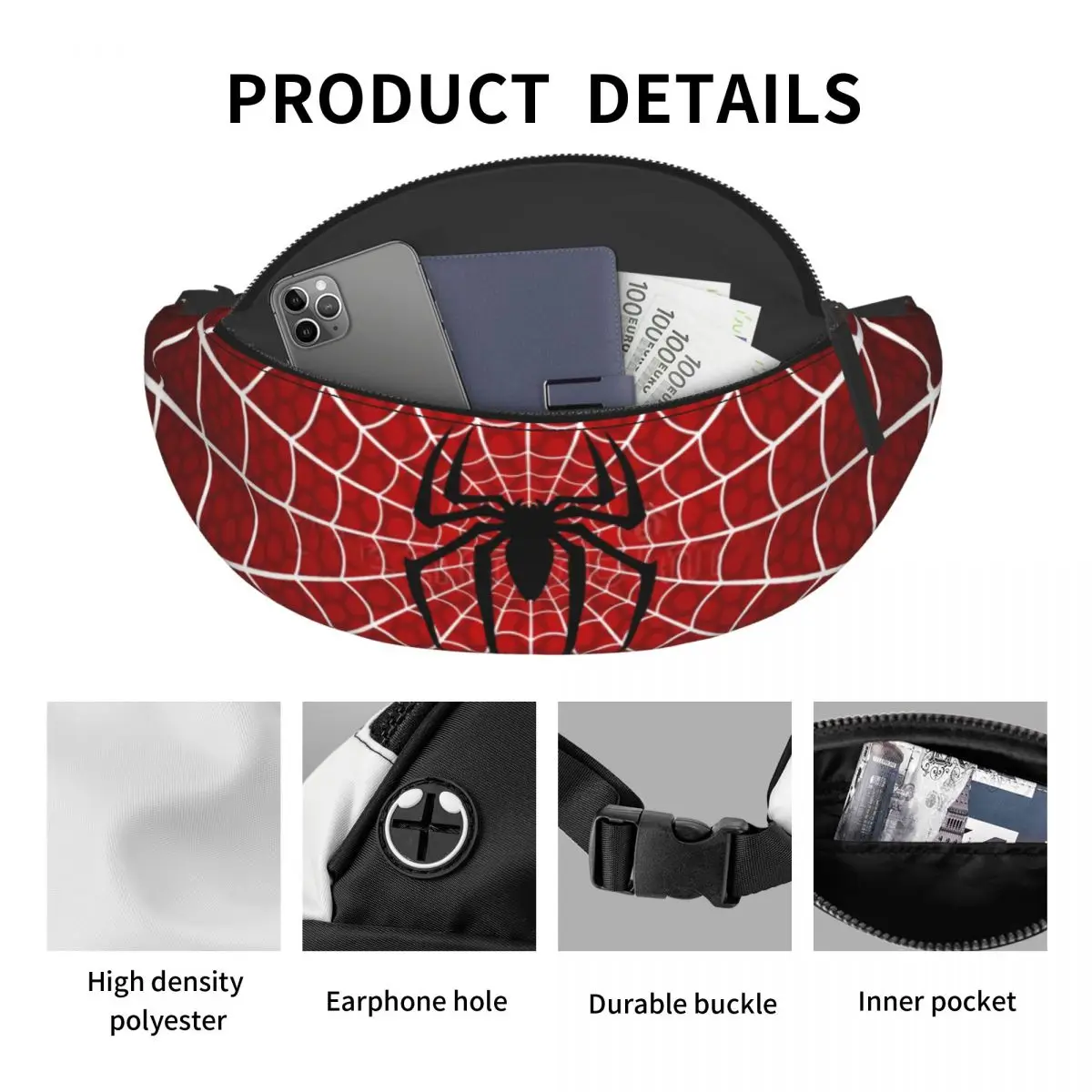 Sac à bandoulière personnalisé Spider Man pour hommes et femmes, sac banane cool, sac de taille de dessin animé, sourire héros, cyclisme, camping, téléphone, poudres d'argent