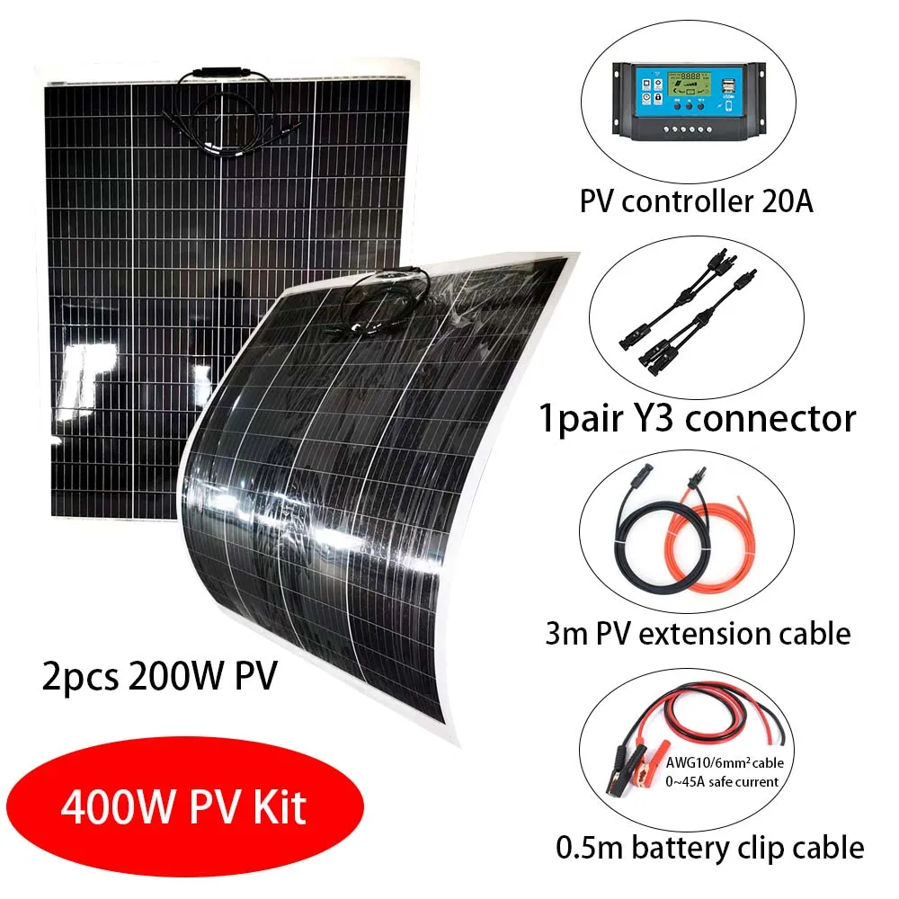 PV 200W Flexible Solar Panel PET MONO 200W 400W Kit Solar System With Controller and Connector Cables 18V Solar Panels