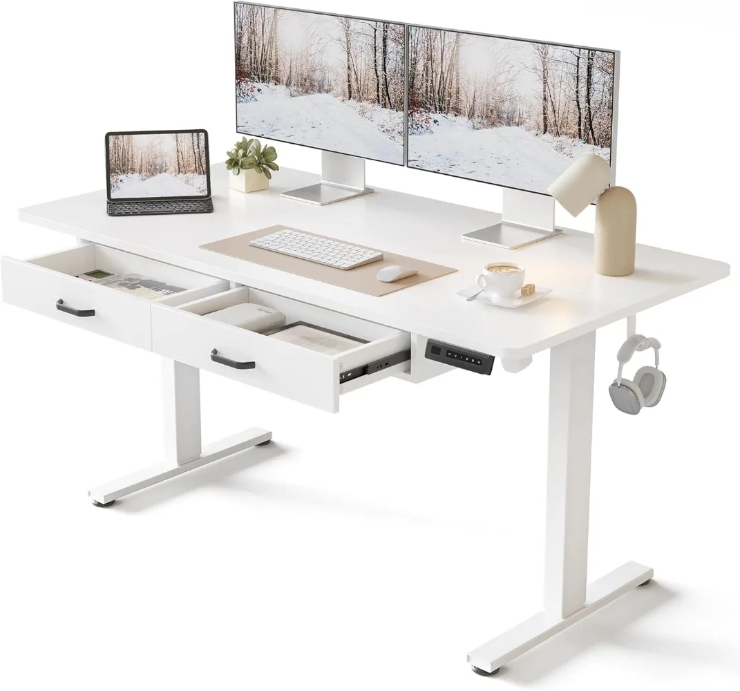 55 x 24 Inches Standing Desk with Double Wooden Drawers, Adjustable Height Electric Standing Desk, Stand Up Home Office Desk