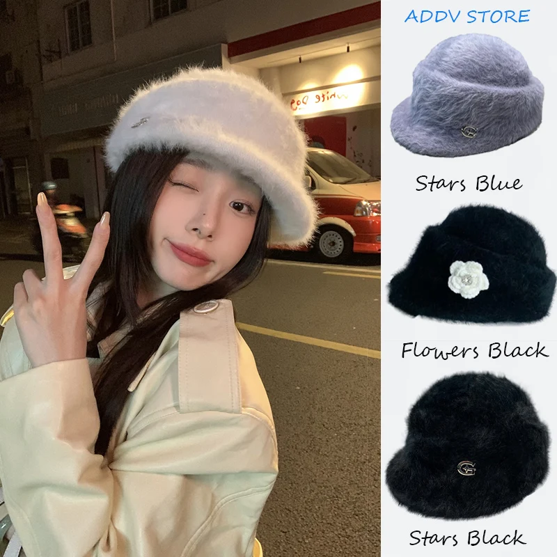 INS Blogger Flower Metal Label Equestrian Hat Beret Ladies Winter Plush Versatile Berets Women Knight Top Newsboy Cap Gorros