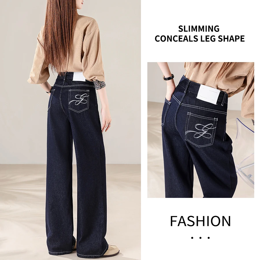 OIQERE Women's 2026 Autumn Dark Blue Retro High‑Grade Straight Jeans High Waist Loose Casual Wide Leg Floor‑Length Denim Pants