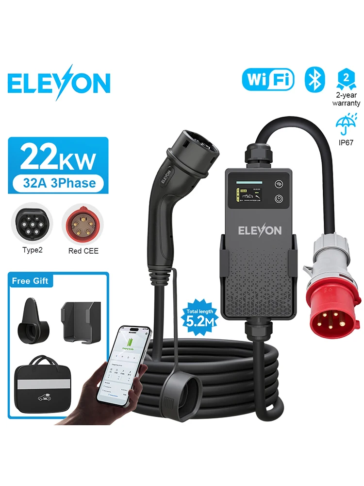 Khons 22KW 32A EV Tragbares Ladegerät Typ2 EVSE Ladebox Dreiphasiges Elektroauto-Ladegerät TPU-Kabel IP67