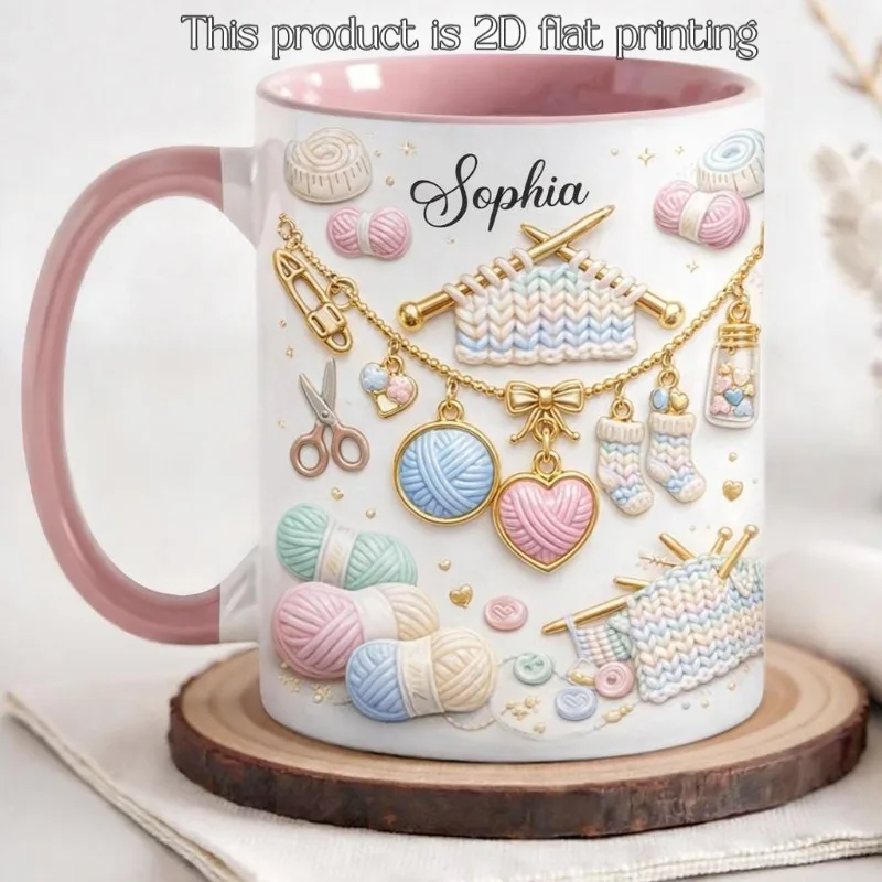 Custom 11oz Knitting Mug 2D Printed Ceramic Coffee Cup Personalized Name Gift for Crochet Lover Microwave Safe Nordic Style