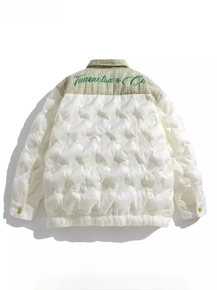 2026 Autumn Winter Men's Turn-Down Collar Pocket Design White Green Patchwork Jacket Loose Casual Black Padded Coat
