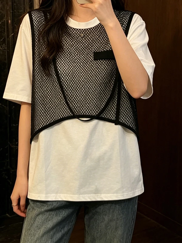 

Loose Women's Casual Style Hollow out Splice Short Sleeve Shirt Cover Belly Belly Fashionable Top Large Size Korean Version