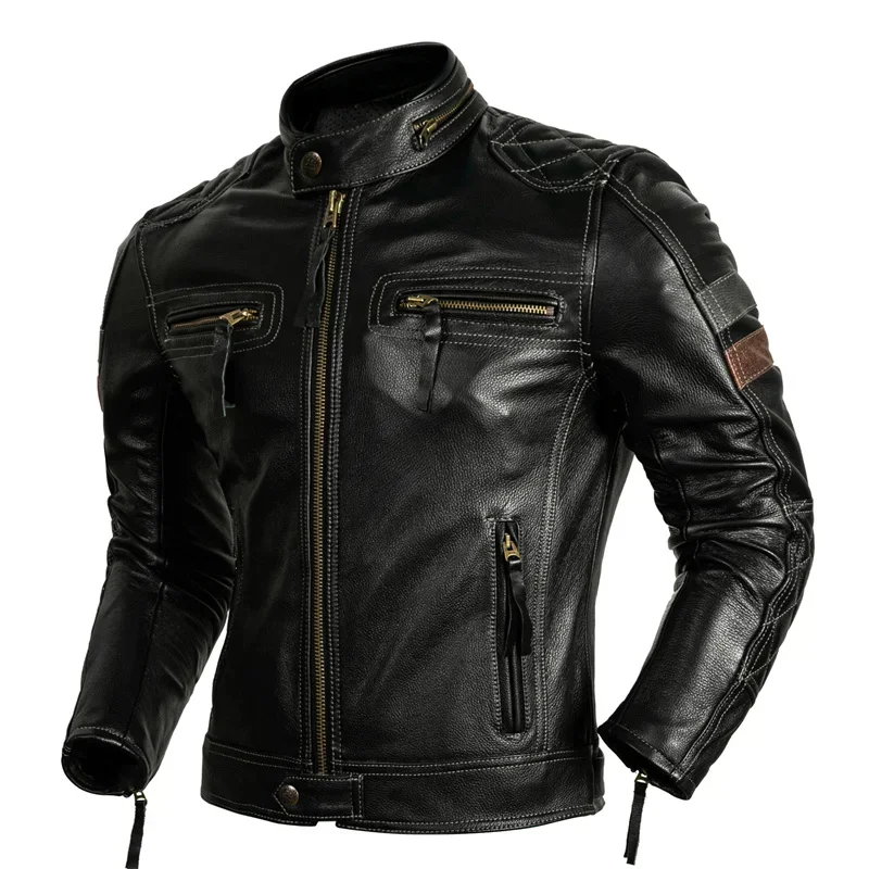 2025 first-layer cowhide, genuine leather jacket, stand-up collar trendy jacket, protective rider