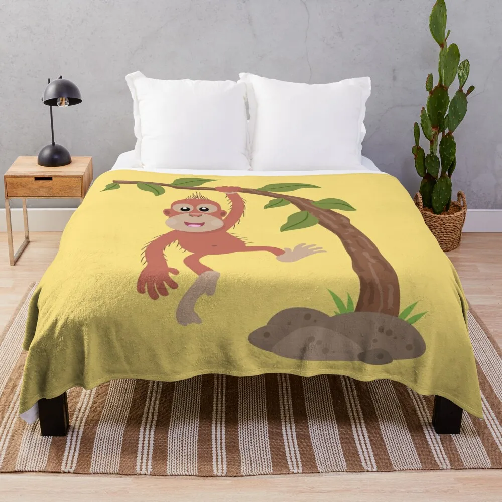 

Cute happy baby orangutan cartoon illustration Throw Blanket sofa bed Plush Bed linens Soft Plaid Blankets