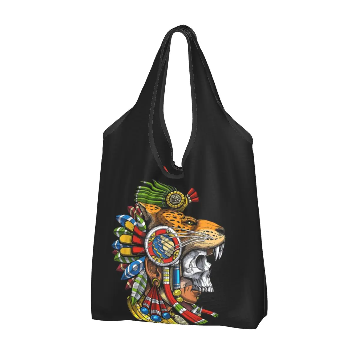 Aztec Skull Jaguar Warrior Mask Mayan Mythology Aztec Mask Portable Tote Shopping Bags Shopper Bag Handbag Shoulder Bag