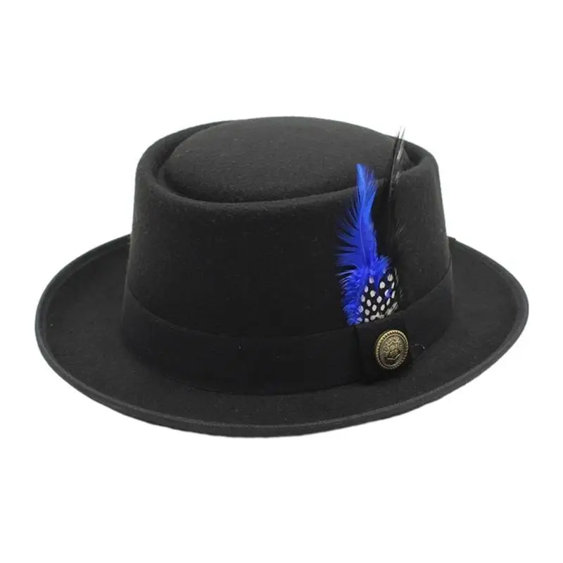 

39BD Fedora Hats for Womens Wide Brim Hat, Feathers Decorative Belts, Woolen Felt, Womens Men Elegant Fedora Hat