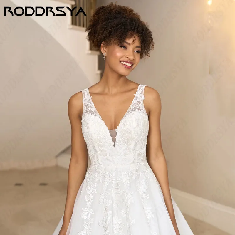 RODDRSYA Marfim Vestidos De Casamento Para A Mulher Elegante Sem Mangas Tule Vestido De Noiva Ilusão Lace Backless vestidos de noite 2024 Marfim Vestido de Noiva 2024 Noiva Elegante Sem Mangas Tulle Vestido de Noiva Il