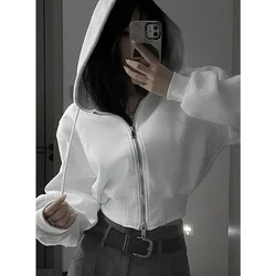 Cropped Zipper Hoodies Women White Casual Y2k Vintage Preppy Style Hooded Sweatshirt Korean Streetwear Harajuku Fashion