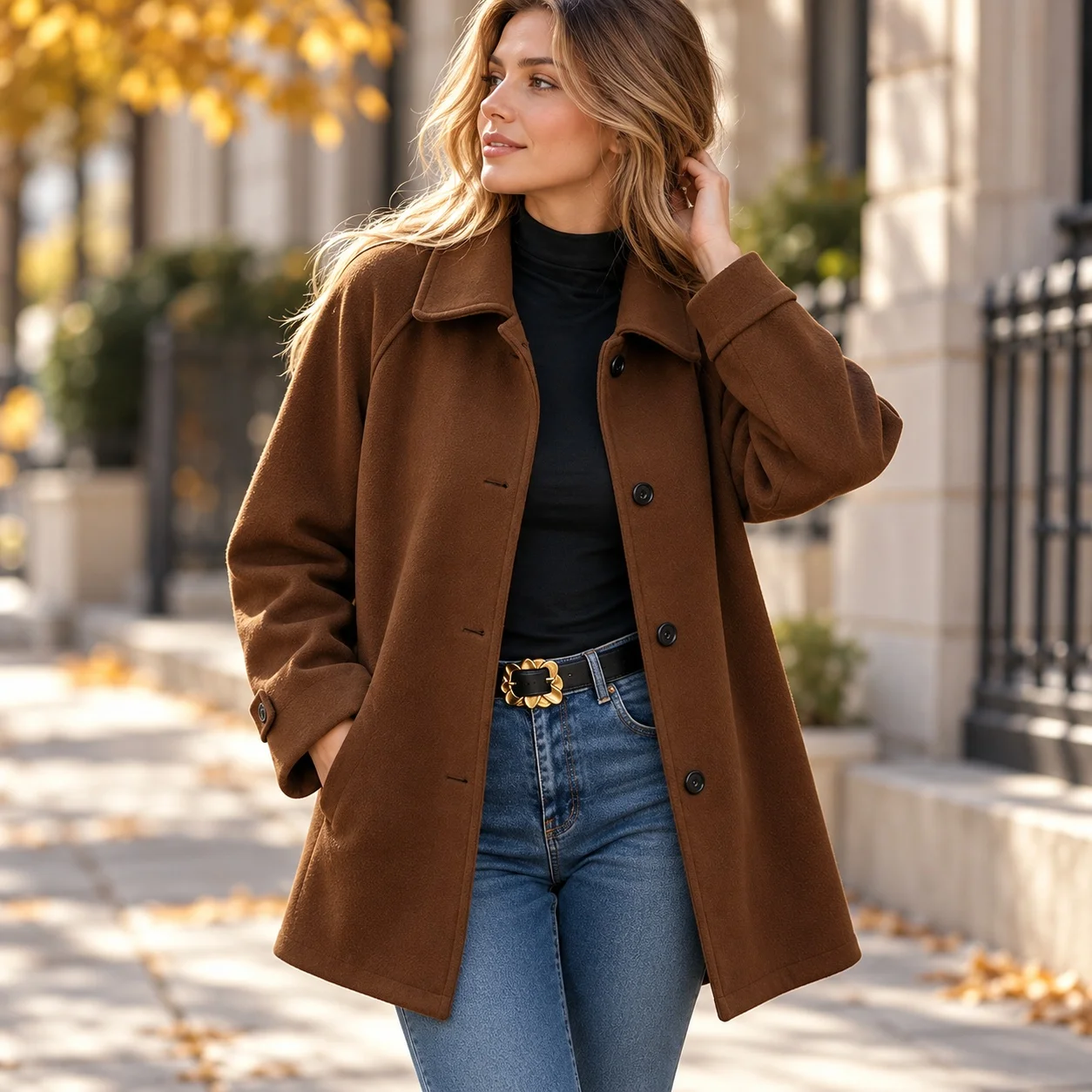 Notched Lapel Button Closure Coat Loose Fit Elegant with Long Sleeve Refined Commuter Single Breasted No Hood Women Autumn Coat