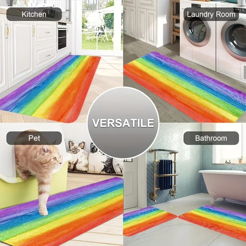 

1PC Vibrant Rainbow Strope Kitchen Rug Non-Slip Door Mat Pop design Bathroom Rug Bath Mat Carpet for Home Sink Laundry Decor