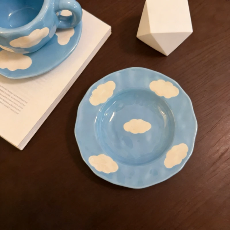 

French Retro Painted Pinched Blue Sky White Clouds Ceramic Plate Hand Pinched Bowl High Appearance Coffee Cup Saucer Oval Plate