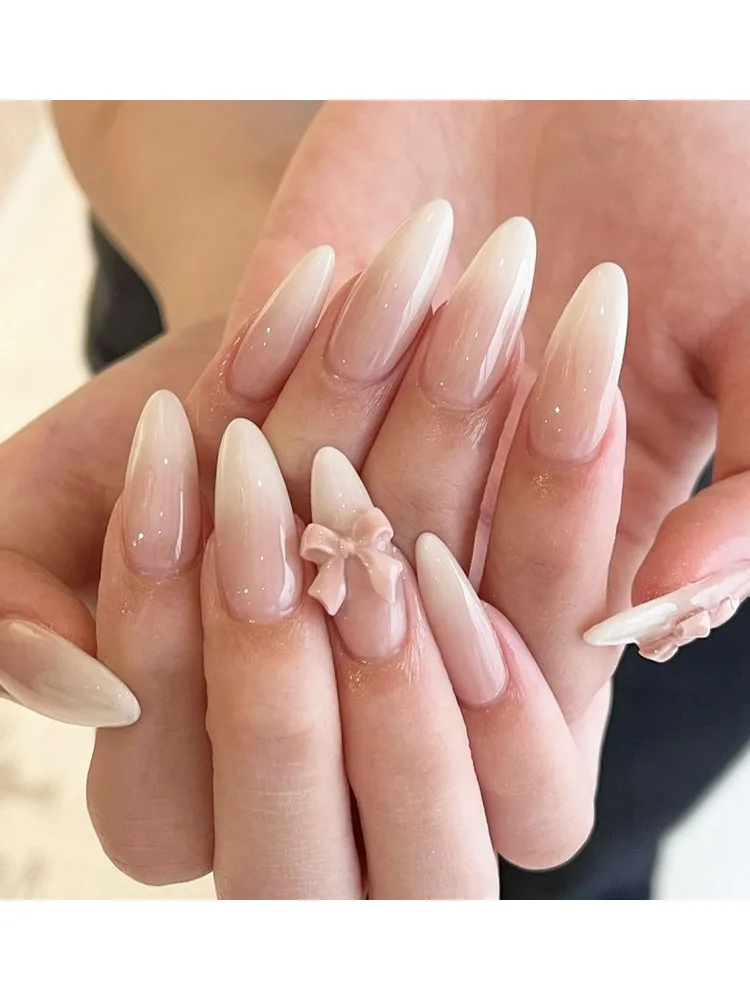 24 pièces presse française sur les ongles amande couleur nue dégradé nœud papillon couverture complète ongles conseils pour femmes et fille amovible portable ongles