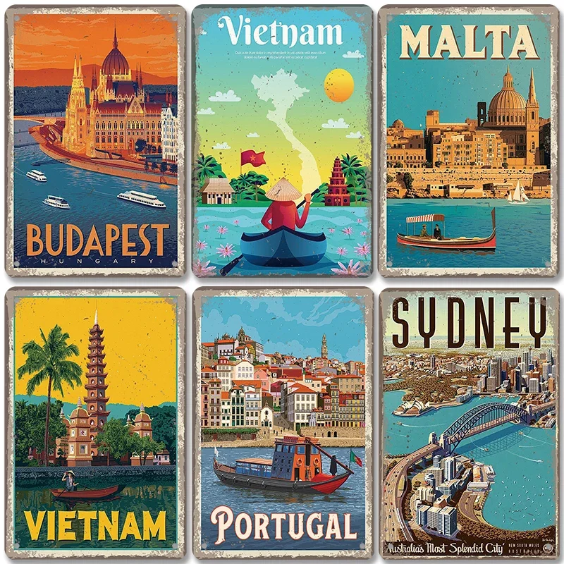 Famous City Landscape Poster Vintage Metal Signs Budapest Malta Sydney Tin Plate Retro Wall Art Decor for Living Room Home