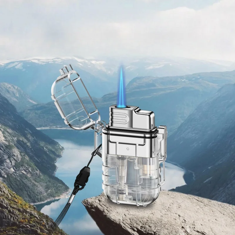 

Transparent Shell Windproof Straight Blue Flame Lighter Outdoor Waterproof Hanging Rope Portable Cigarette Lighter Smoking Gift